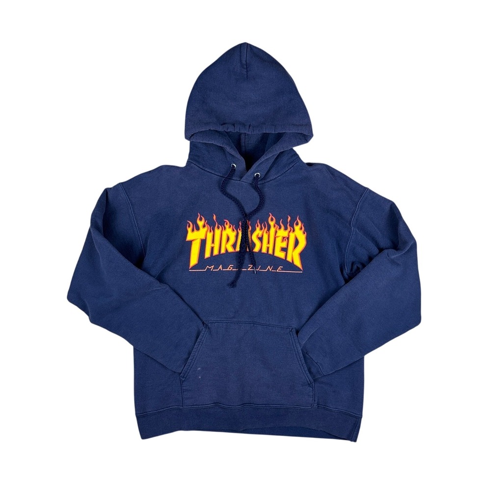 Y2K Thrasher Hoodie Men's S Navy Blue Flame‎ Logo Pullover Skateboard Style